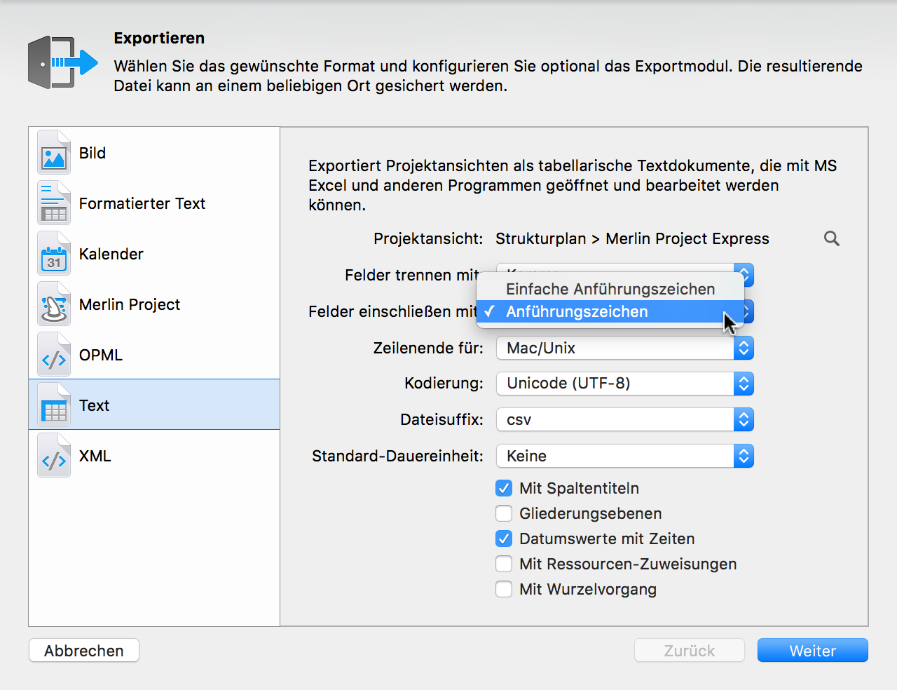 Export:CSV - Felder umschliessen