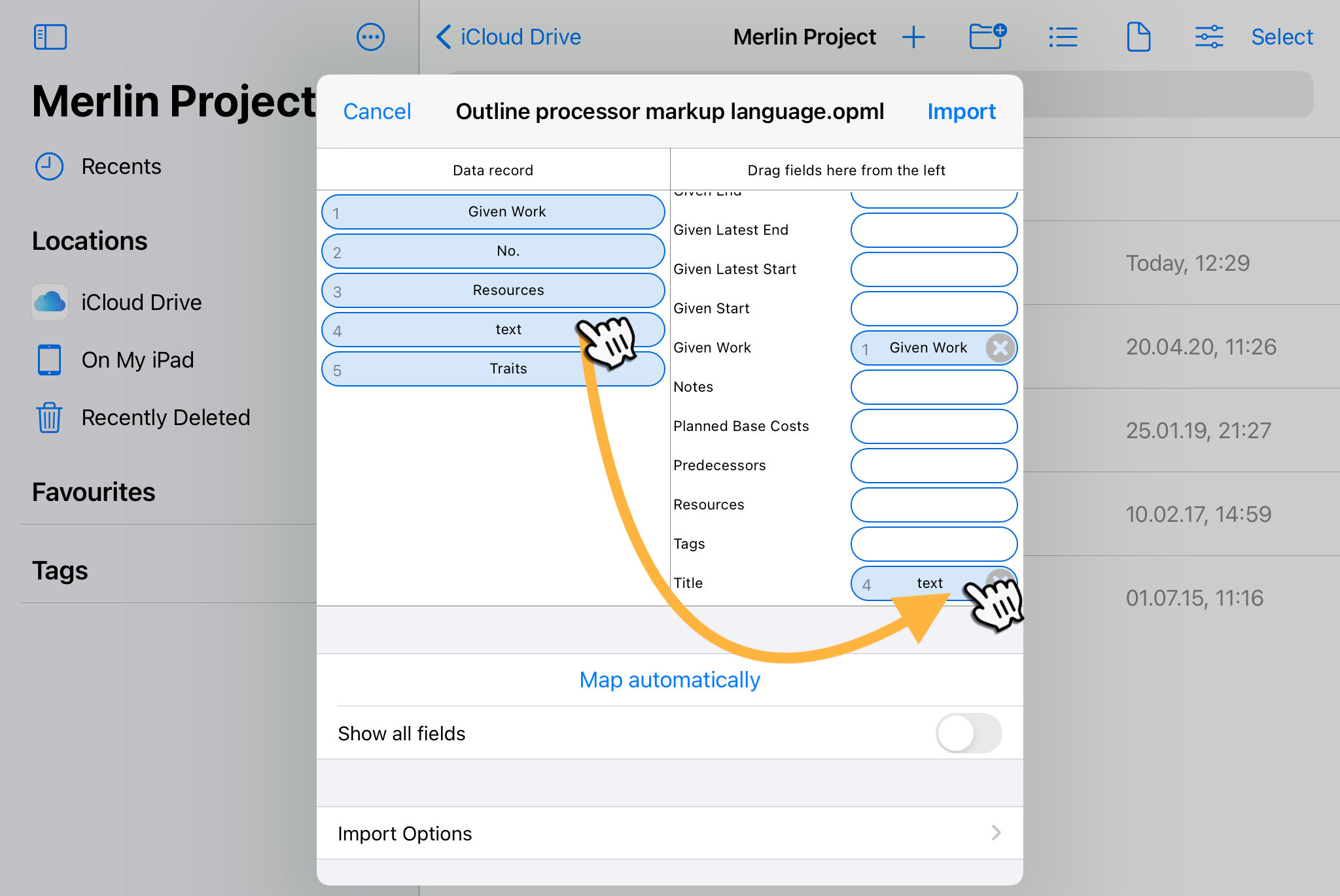 iPad:Project - CSV import dialogue