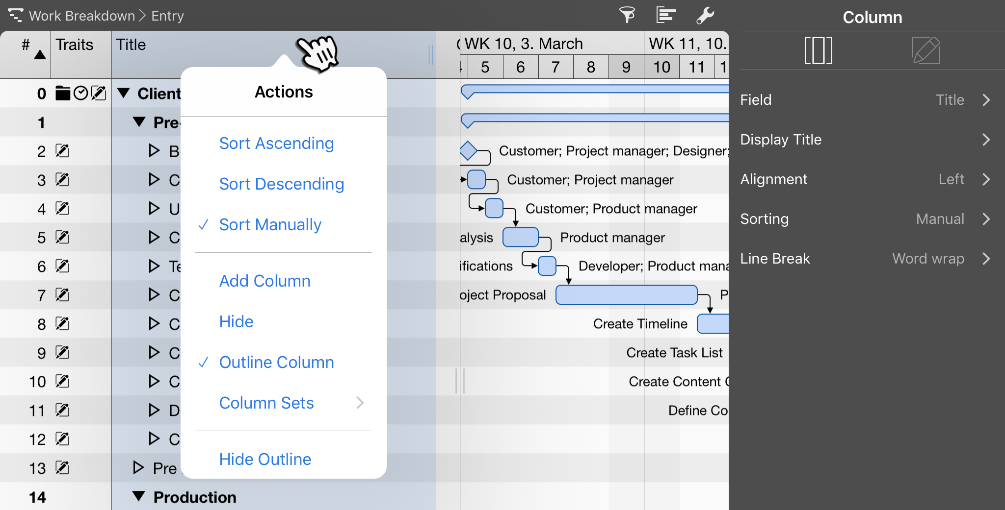 Columns actions