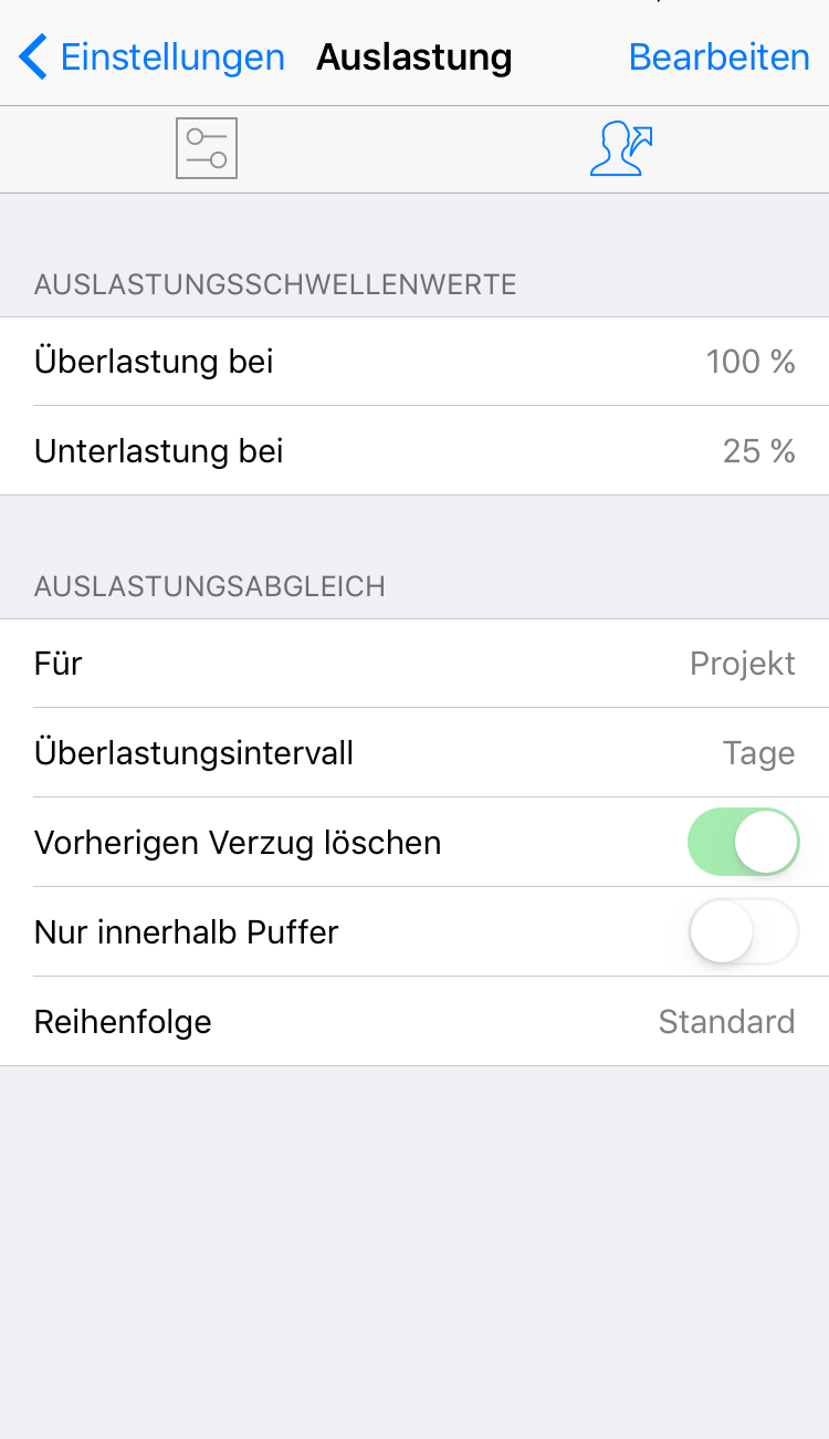 iPhone:Einstellungen Auslastung