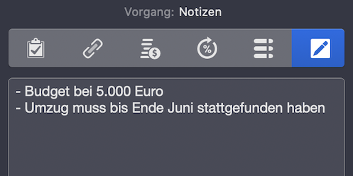„Vermerken von Zielen im Reiter Notizen“