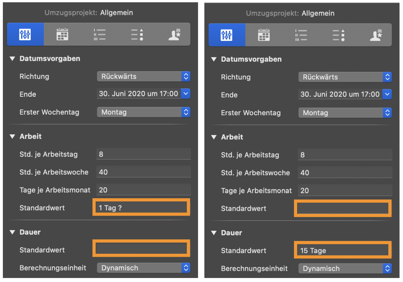 „Anpassung der Standardwerte für neue Vorgänge“