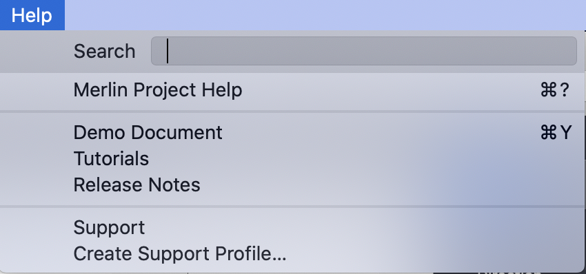 „The Help menu in Merlin Project“
