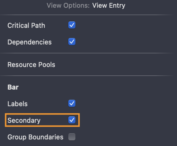 „View Options of actual values in the Gantt chart“