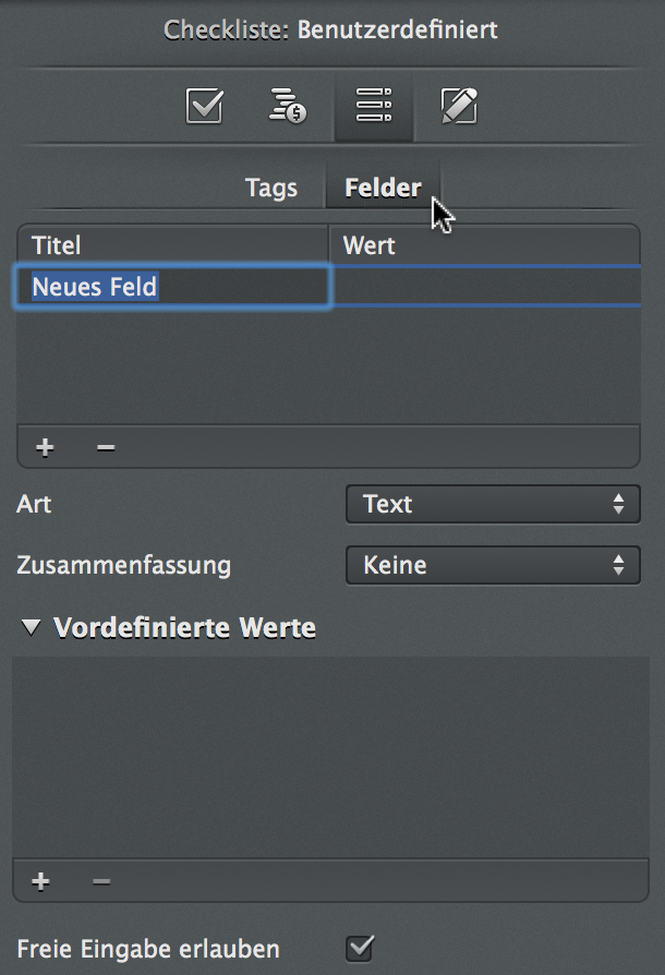 Checkliste:Benutzerdefiniert - Felder