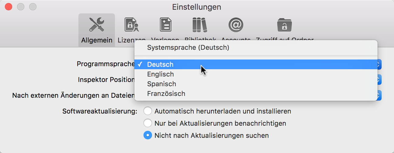 Einstellungen:Allgemein - Programmsprache