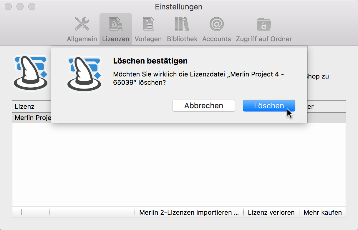 Einstellungen:Lizenzen - Löschen