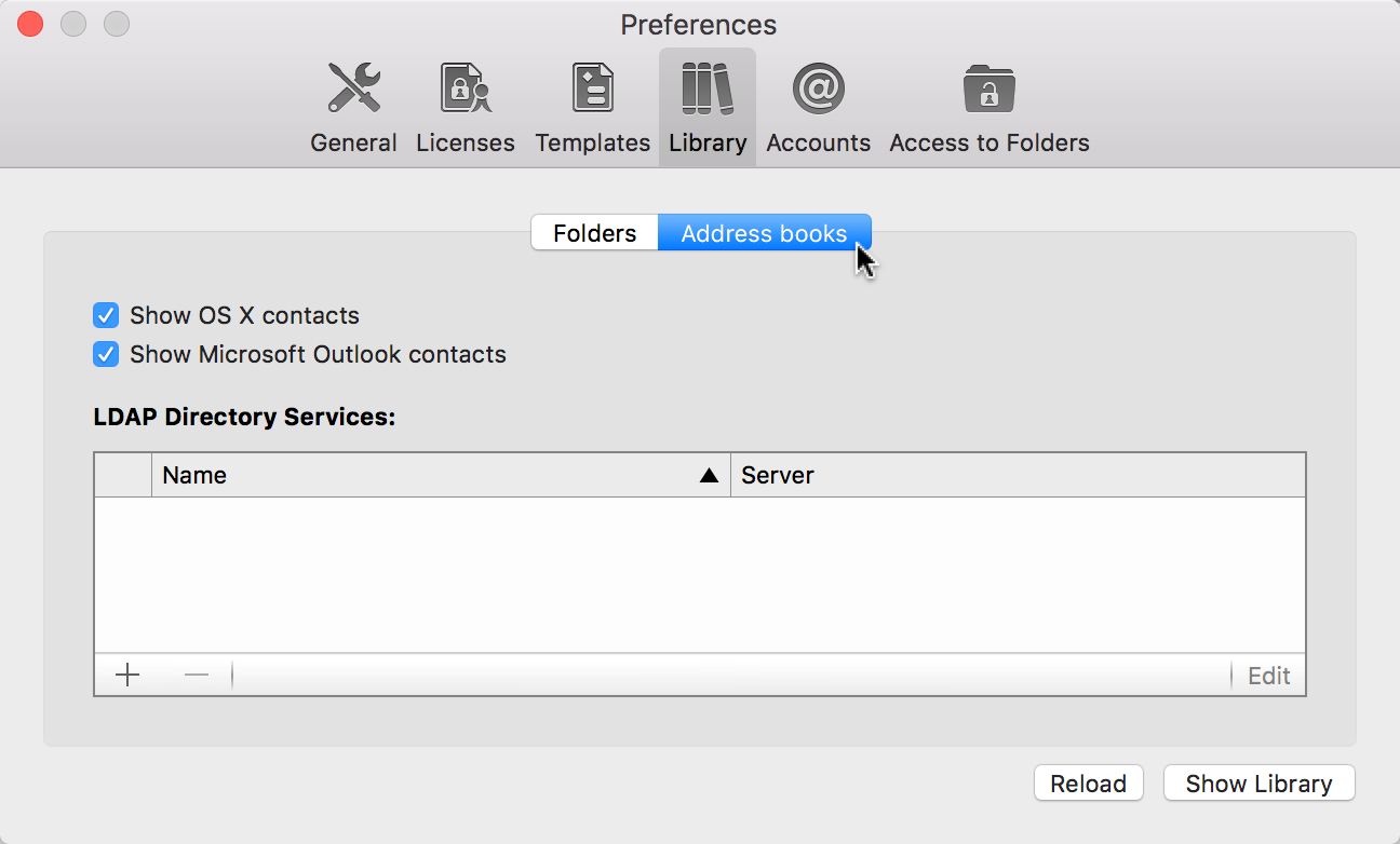 Preferences:Library - Address books