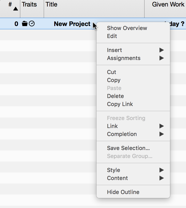 Context menu:Project