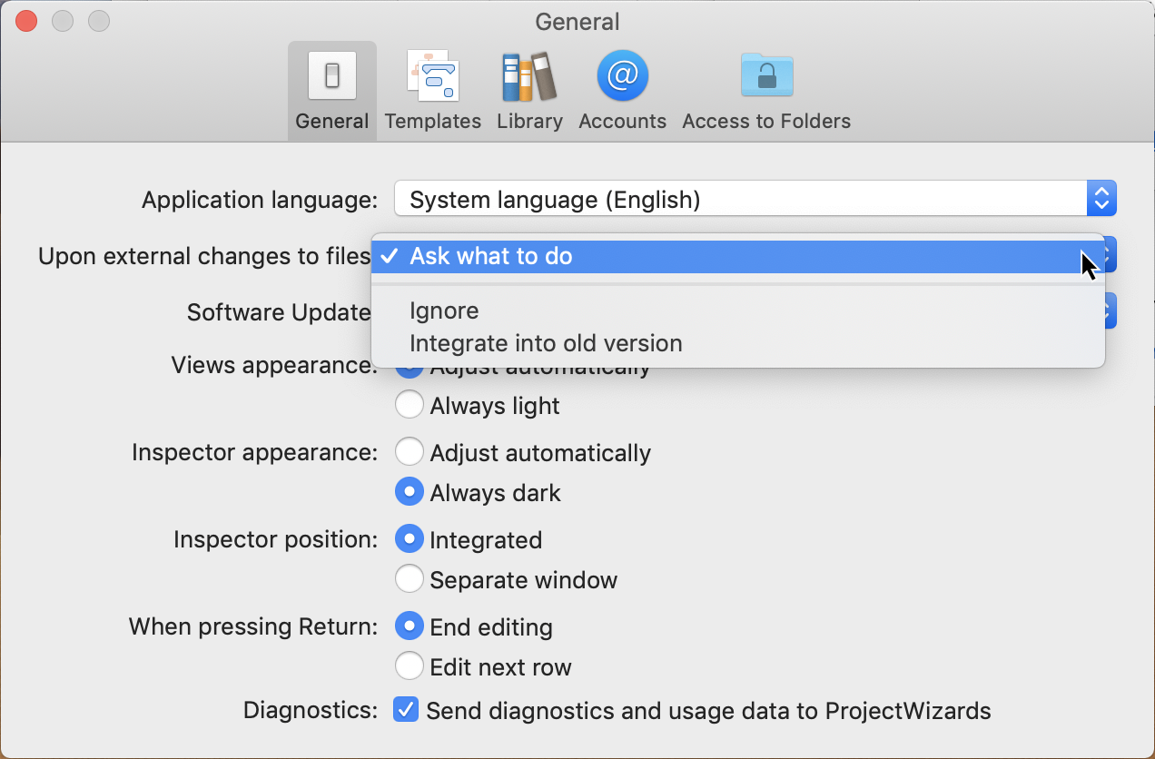 Preferences:General - External changes