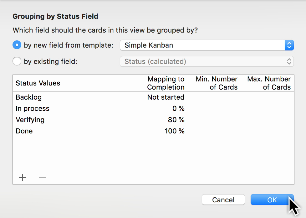 Kanban: Status Field Dialog