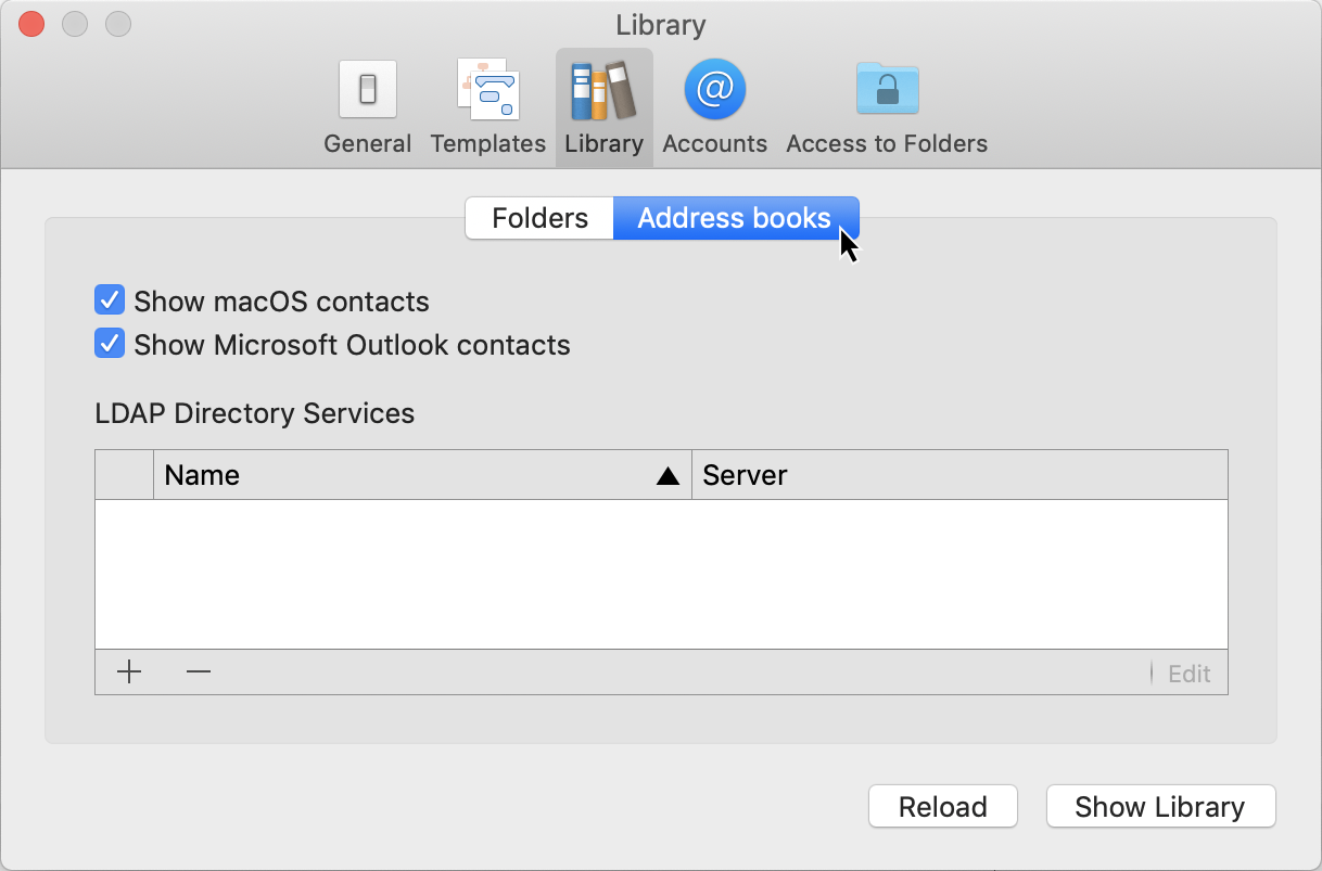 Preferences: Library - Address books