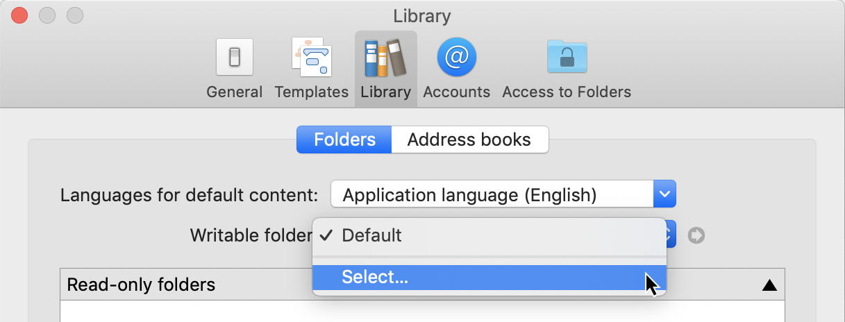 Preferences: Library - Folder drop-down menu