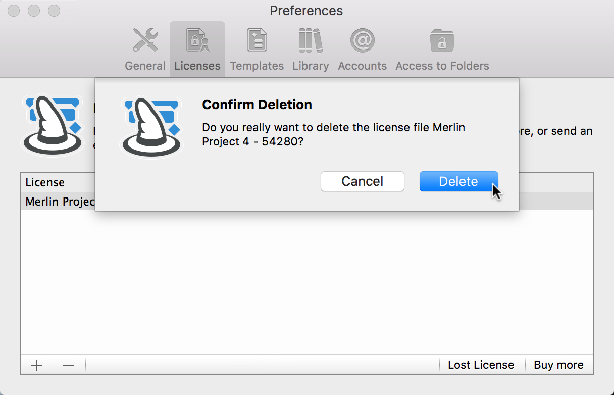 Preferences:Licenses - Delete