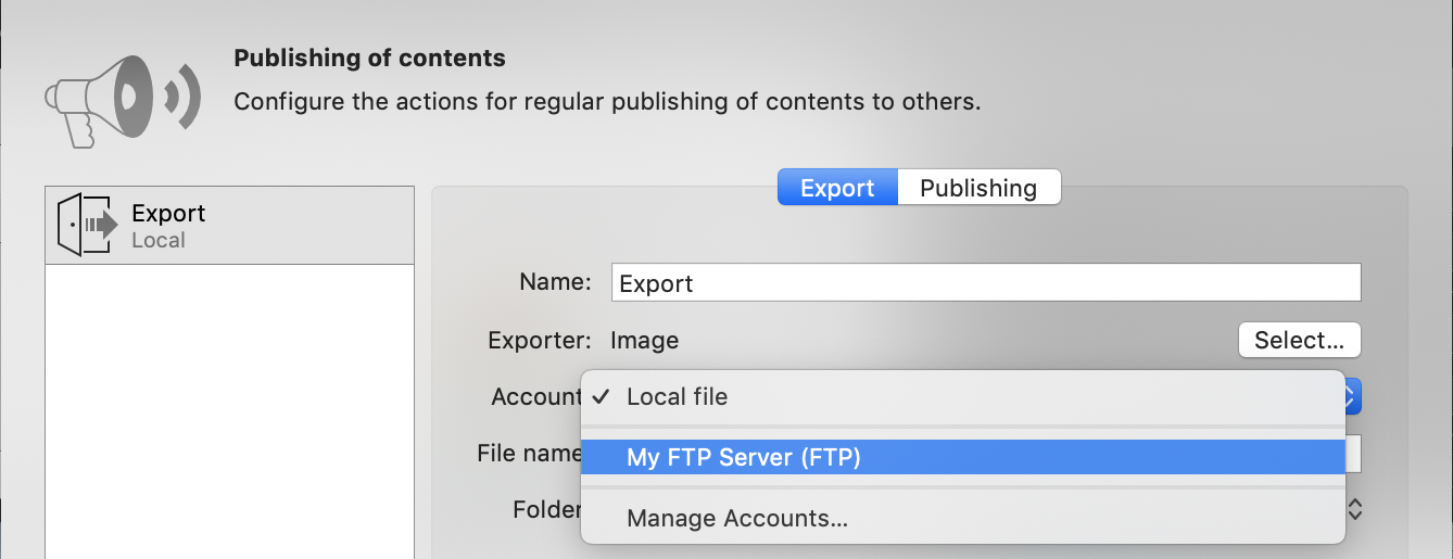 Publish - Export - Select Account