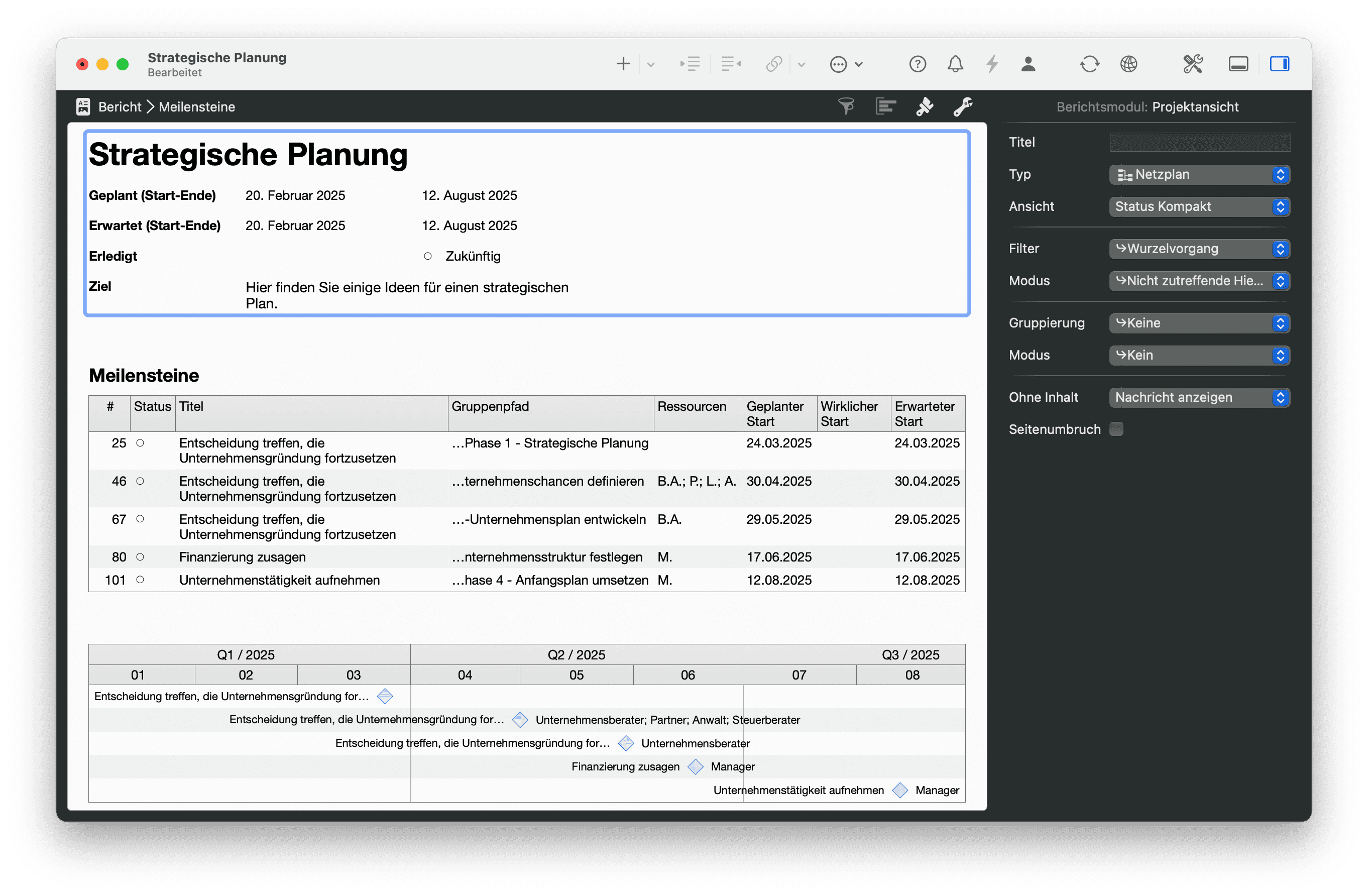 Roadmap als Bericht in Merlin Project