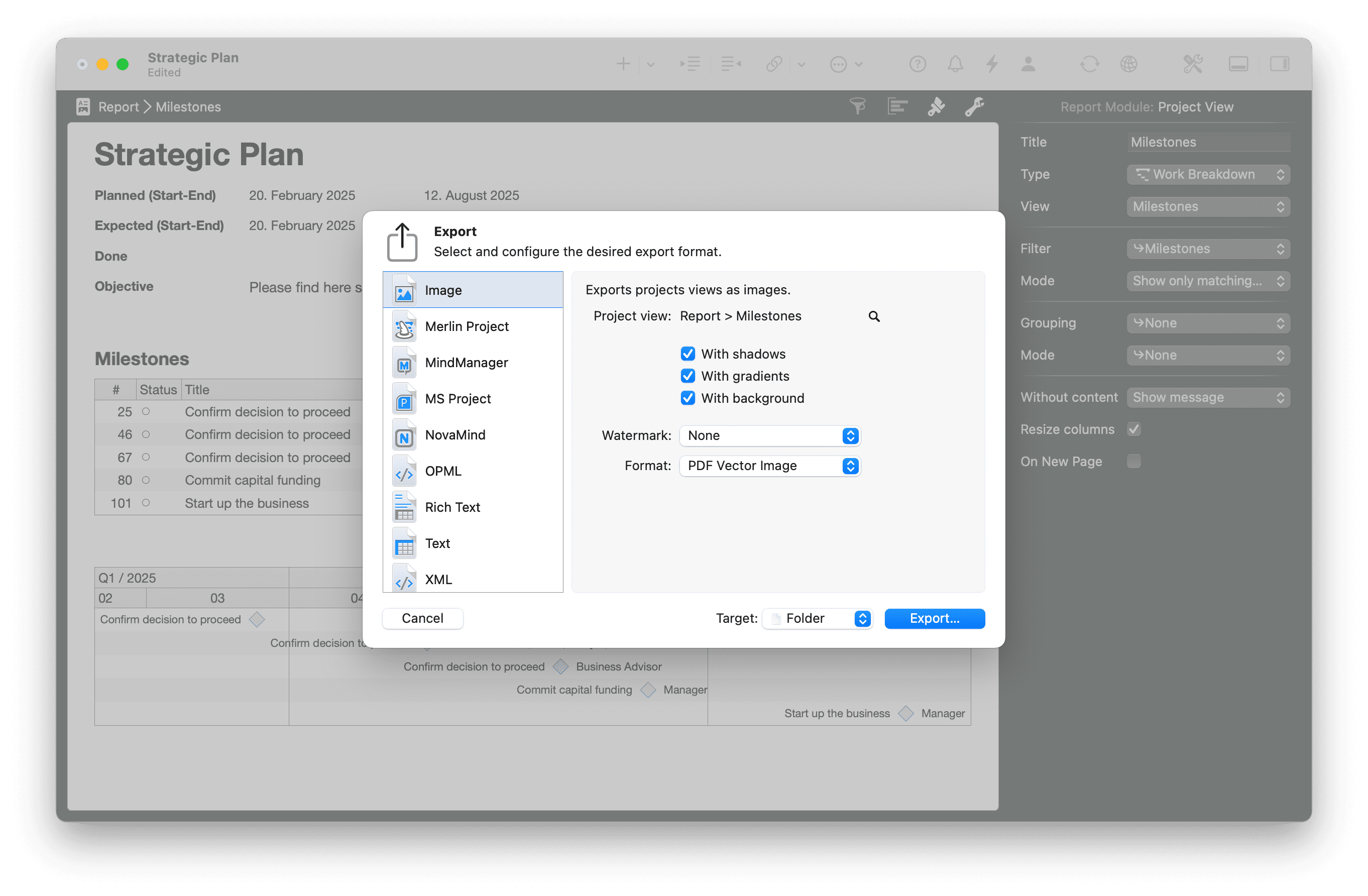 Export reports in Merlin Project
