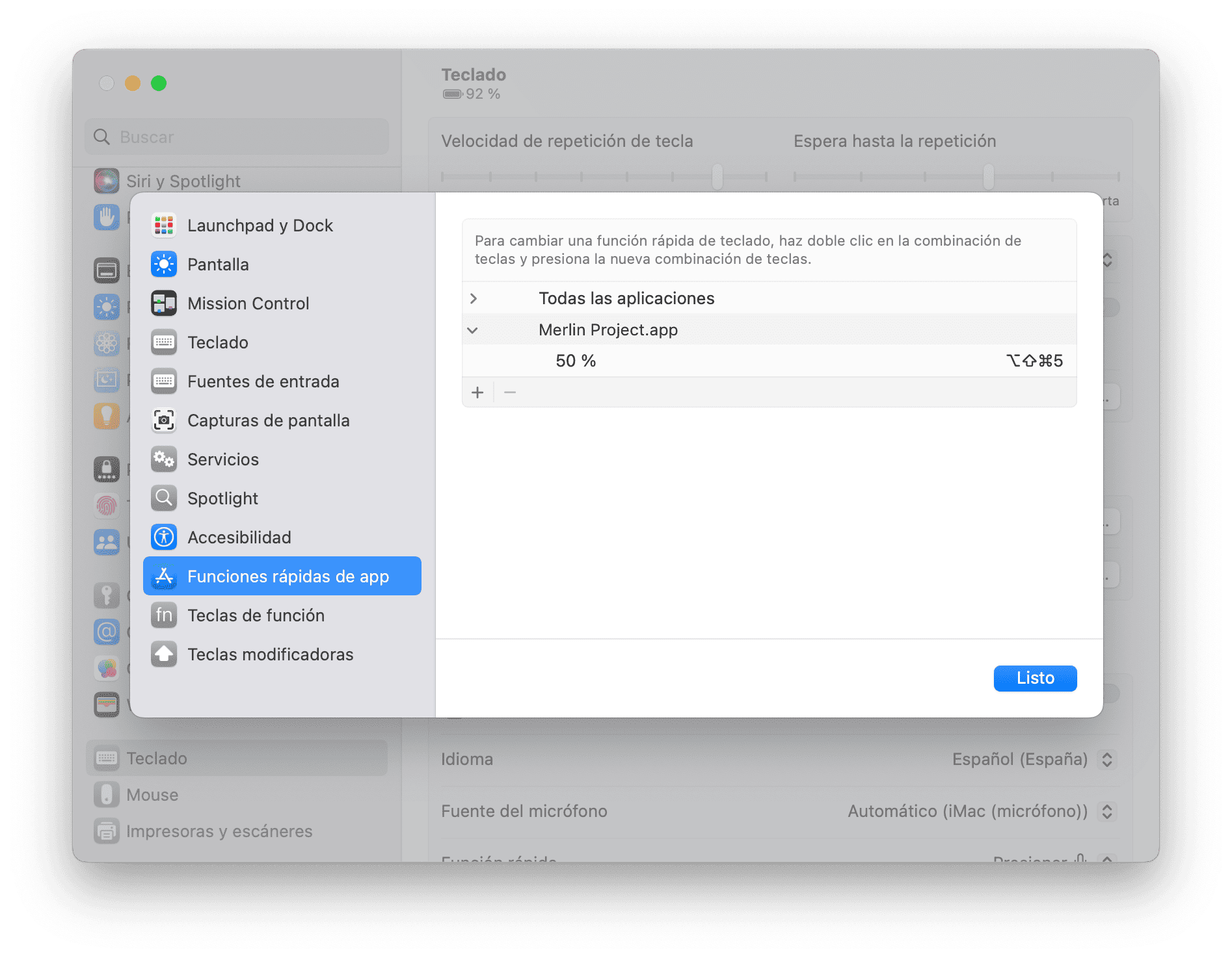 Las funciones rápidas de teclado en las preferencias del sistema