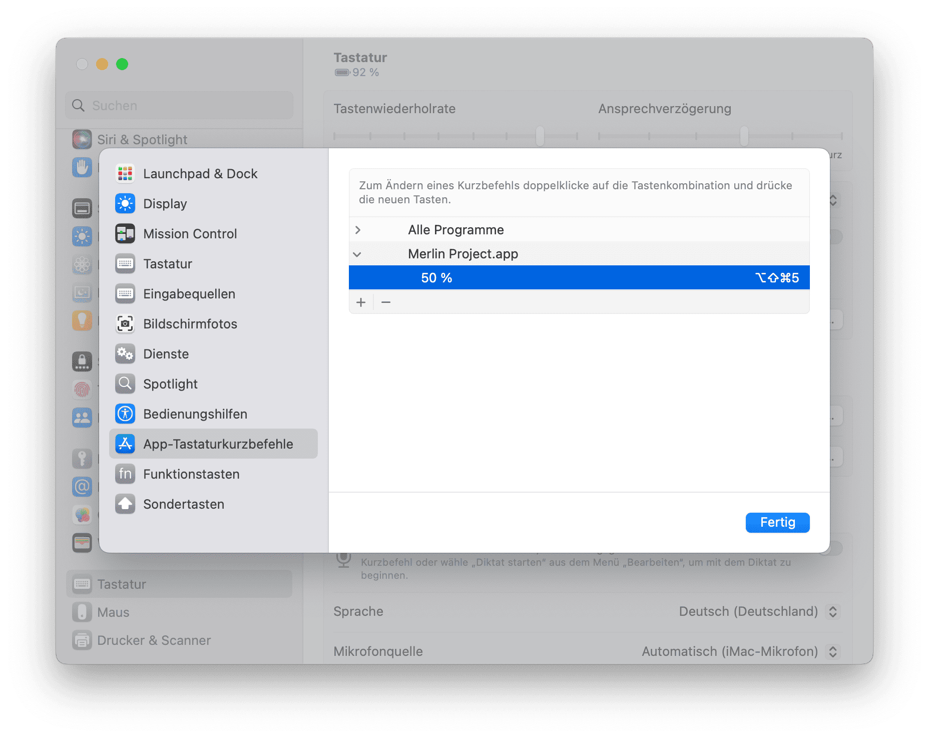 Systemeinstellungen-Tastaturkurzbefehle