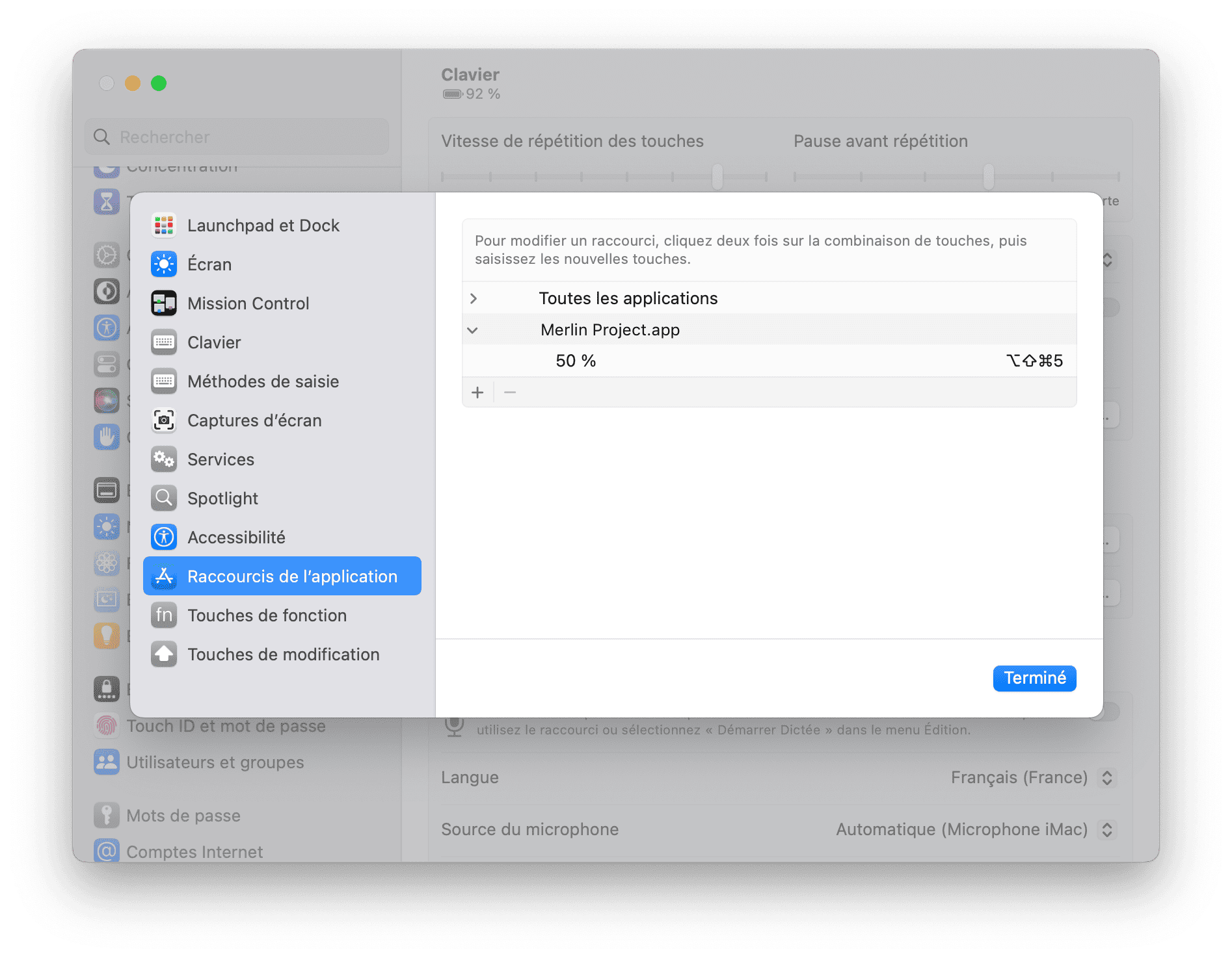 Préférences système pour raccourcis clavier