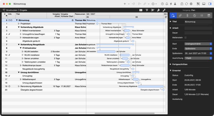 Strukturplan in Merlin Project mit drei Phasen als Gruppen, je einem Meilenstein am Phasenende und Ende-Anfang-Abhängigkeiten im Gantt-Diagramm