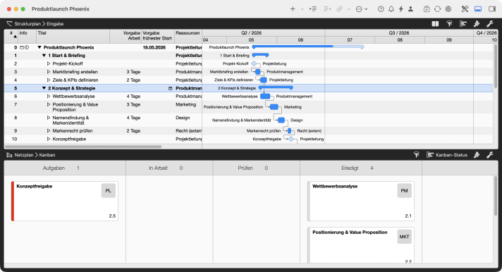Merlin Project mit Strukturplan oben und Kanban-Board in der Detailansicht unten für die markierte Phase