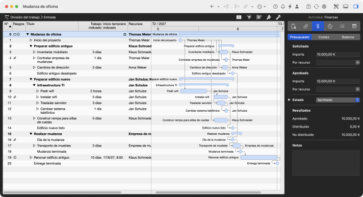 Vista División del trabajo en Merlin Project con tres fases como grupos, un hito al final de cada fase y dependencias final a inicio en el diagrama de Gantt