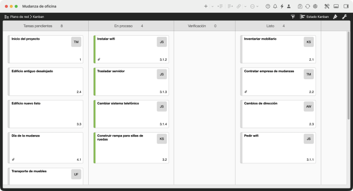 Tablero Kanban de la mudanza de oficina en Merlin Project con las columnas Tareas pendientes, En proceso, Verificación y Listo