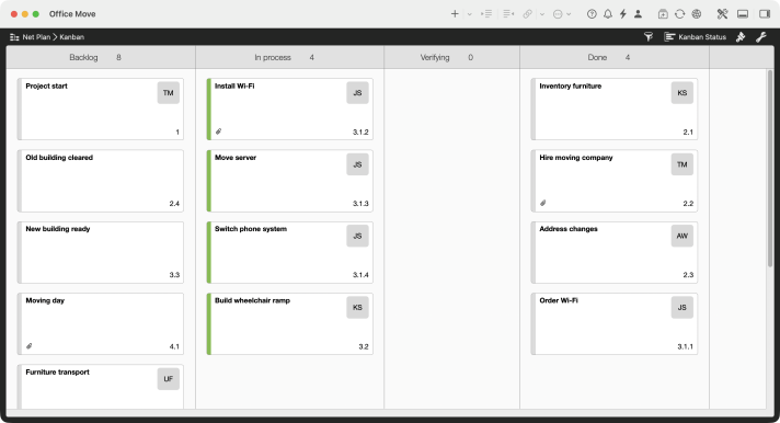Kanban board of the office move in Merlin Project with the columns Backlog, In process, Verifying and Done