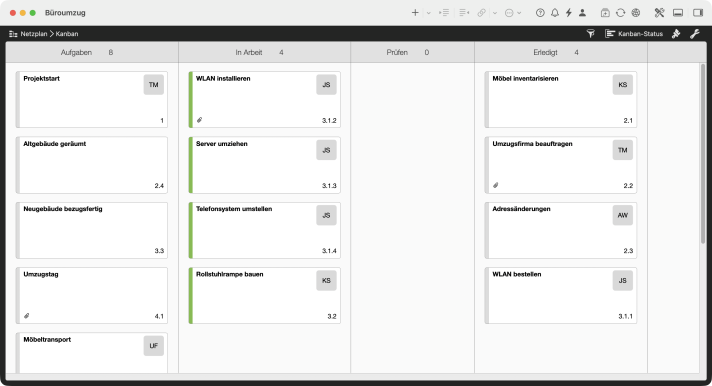 Kanban-Board des Büroumzugs in Merlin Project mit den Spalten Aufgaben, In Arbeit, Prüfen und Erledigt