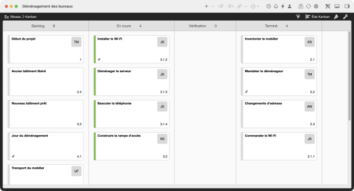 Tableau Kanban du déménagement des bureaux dans Merlin Project avec les colonnes Backlog, En cours, Vérification et Terminé