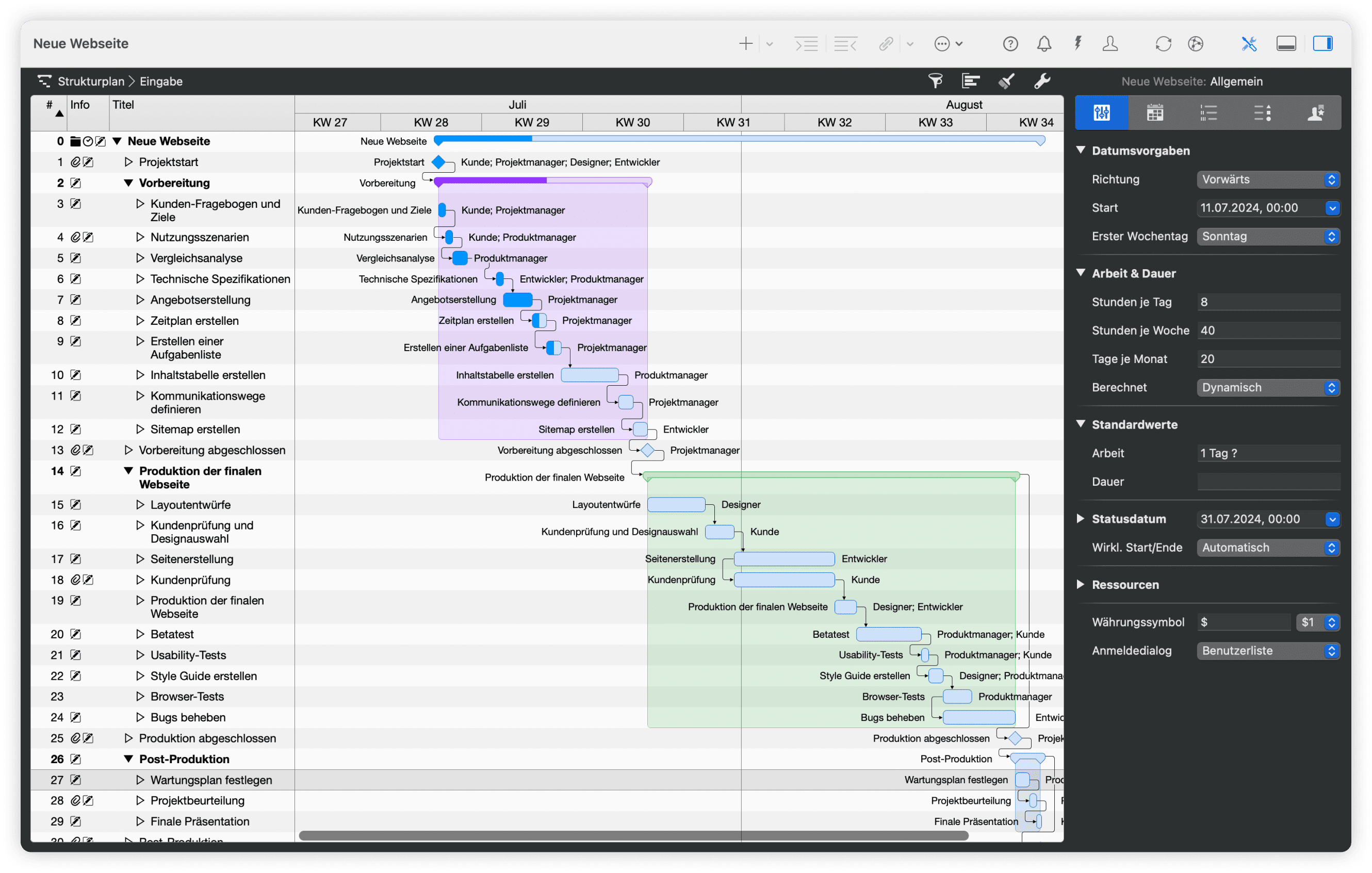 Gantt Chart Ansicht in Merlin Project
