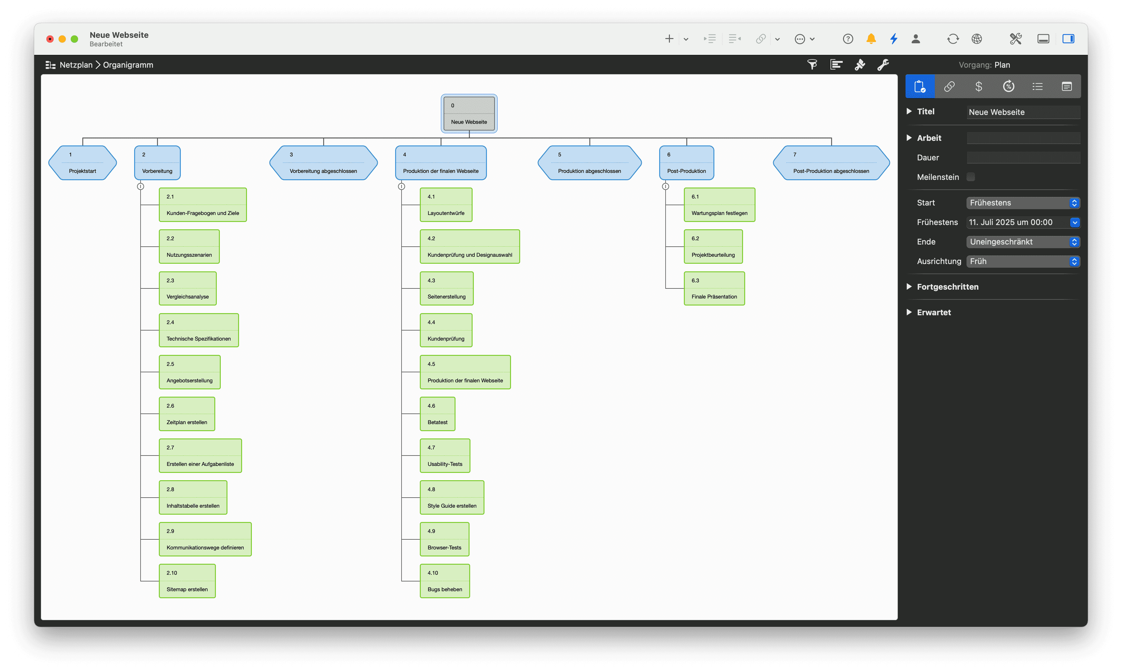 Netzplan in Merlin Project