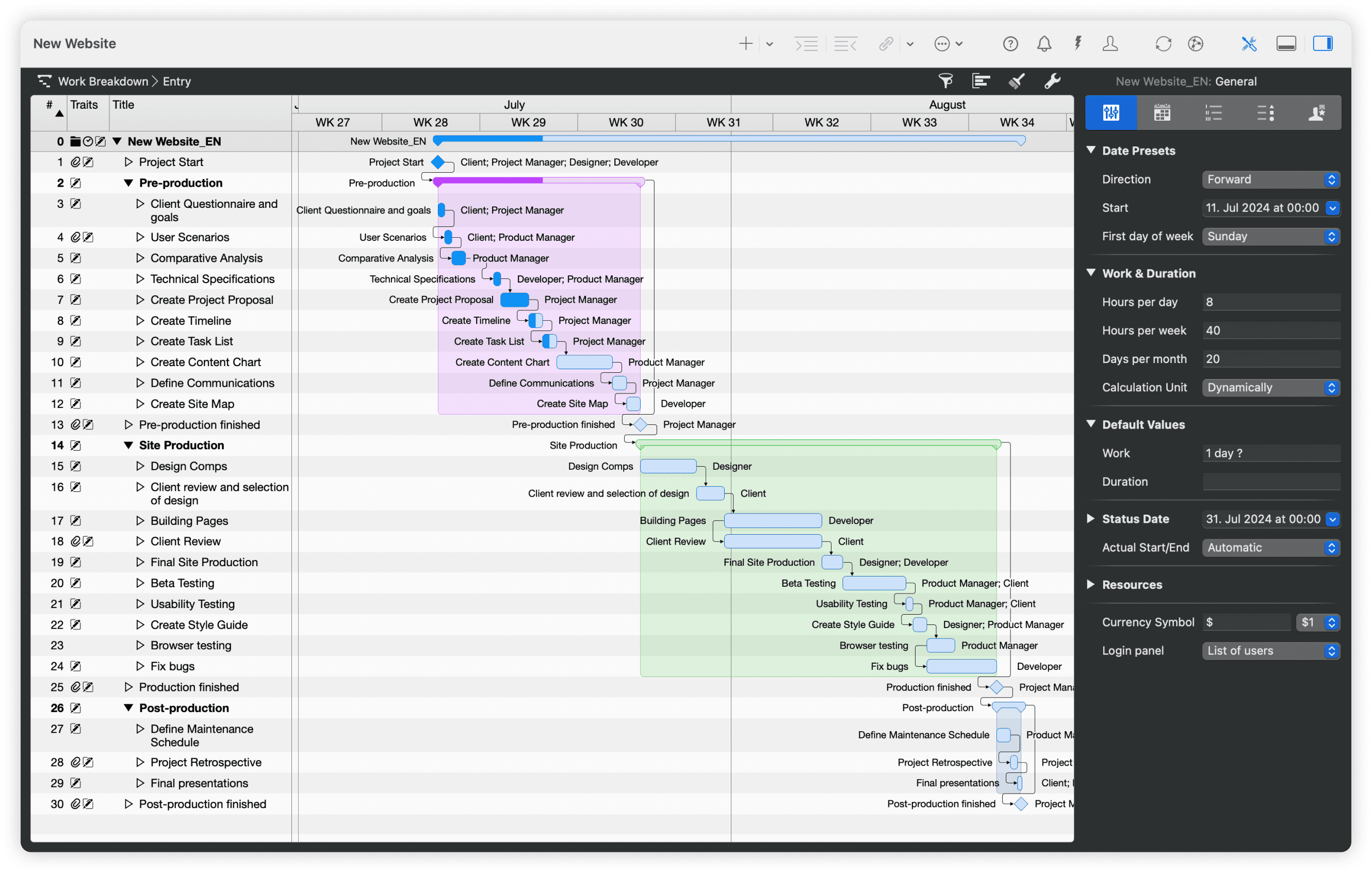 Vista de diagrama de Gantt en Merlin Project Vista de diagrama de Gantt en Merlin Project