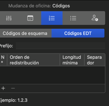 Ajustes del proyecto en Merlin Project, pestaña Códigos, Códigos EDT con prefijo, posiciones y el ejemplo 1.2.3
