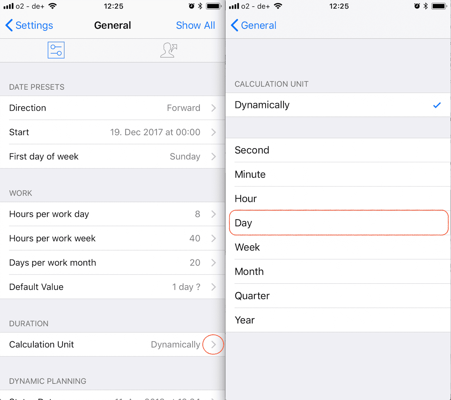 Ajustes de la unidad de cálculo para la duración en iOS