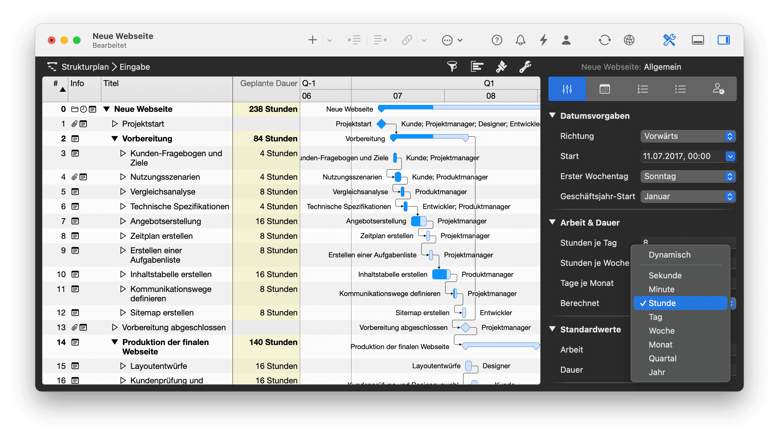 Einstellungen der Berechnungseinheit für Dauer Einstellungen der Berechnungseinheit für Dauer