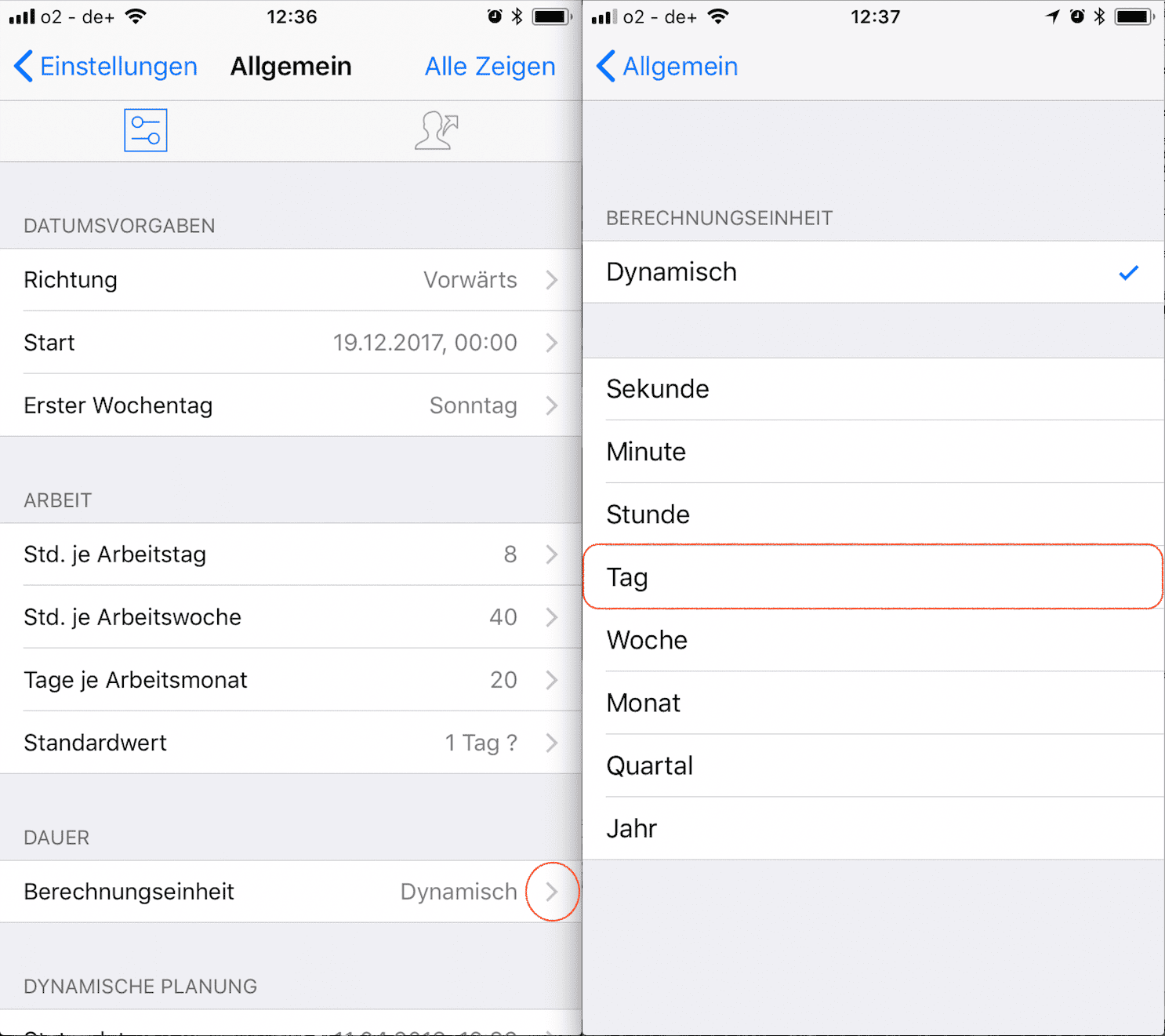 Einstellungen der Berechnungseinheit für Dauer auf iOS Einstellungen der Berechnungseinheit für Dauer auf iOS