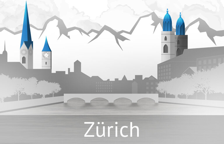 Fraumünster, St. Peter sowie rechts der Limmat die Wasserkirche und der Grossmünster in Zürich, Schweiz