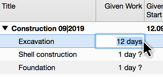 Enter work days for the activities