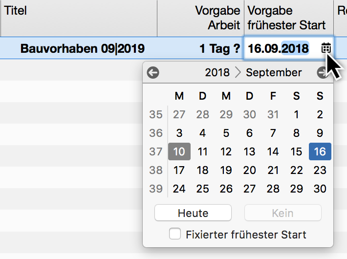 Datum des erwarteten Baustarts eingeben Datum des erwarteten Baustarts eingeben