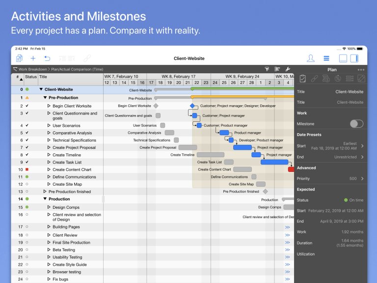 Tareas e hitos en Merlin Project en el iPad