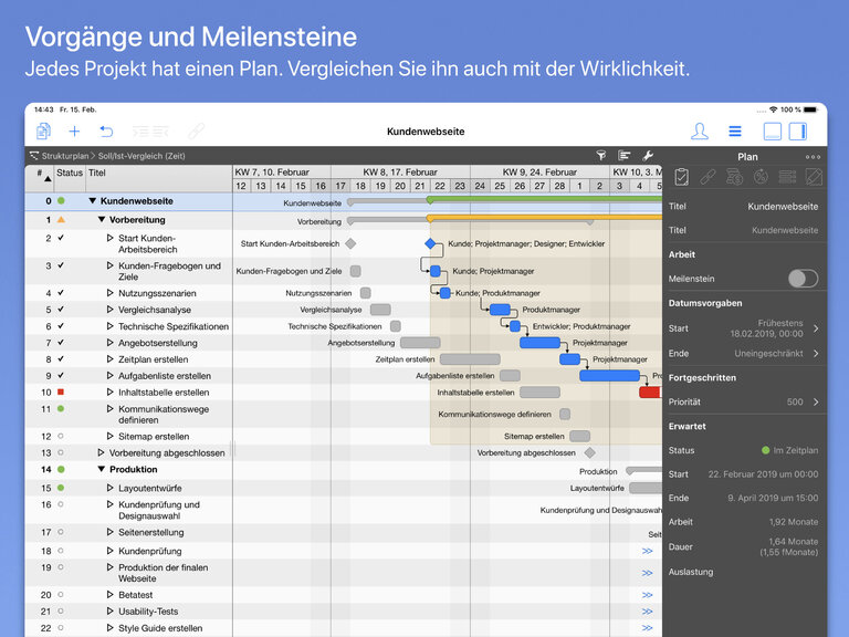 Vorgänge und Meilensteine in Merlin Project auf dem iPad Vorgänge und Meilensteine in Merlin Project auf dem iPad