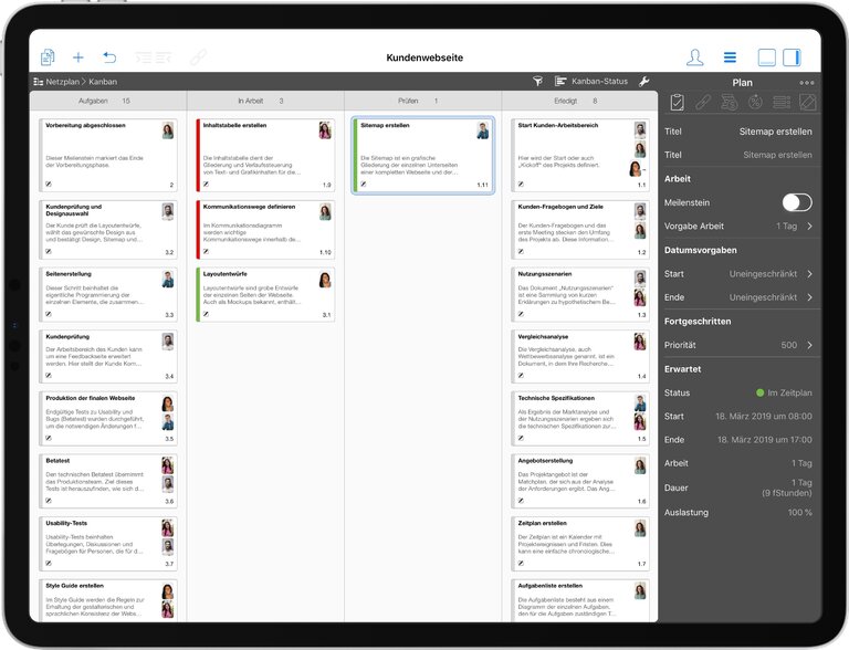 Kanban Tafeln in Merlin Project auf dem iPad Kanban Tafeln in Merlin Project auf dem iPad