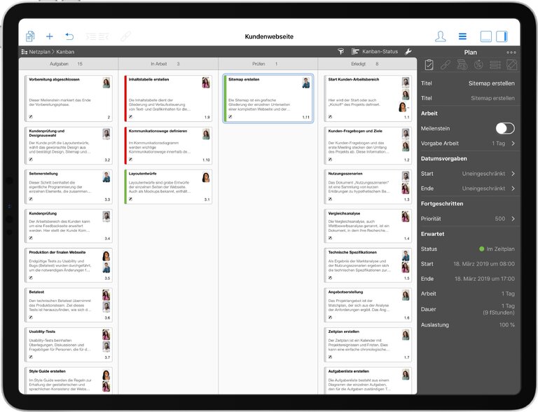 Kanban Tafeln in Merlin Project auf dem iPad