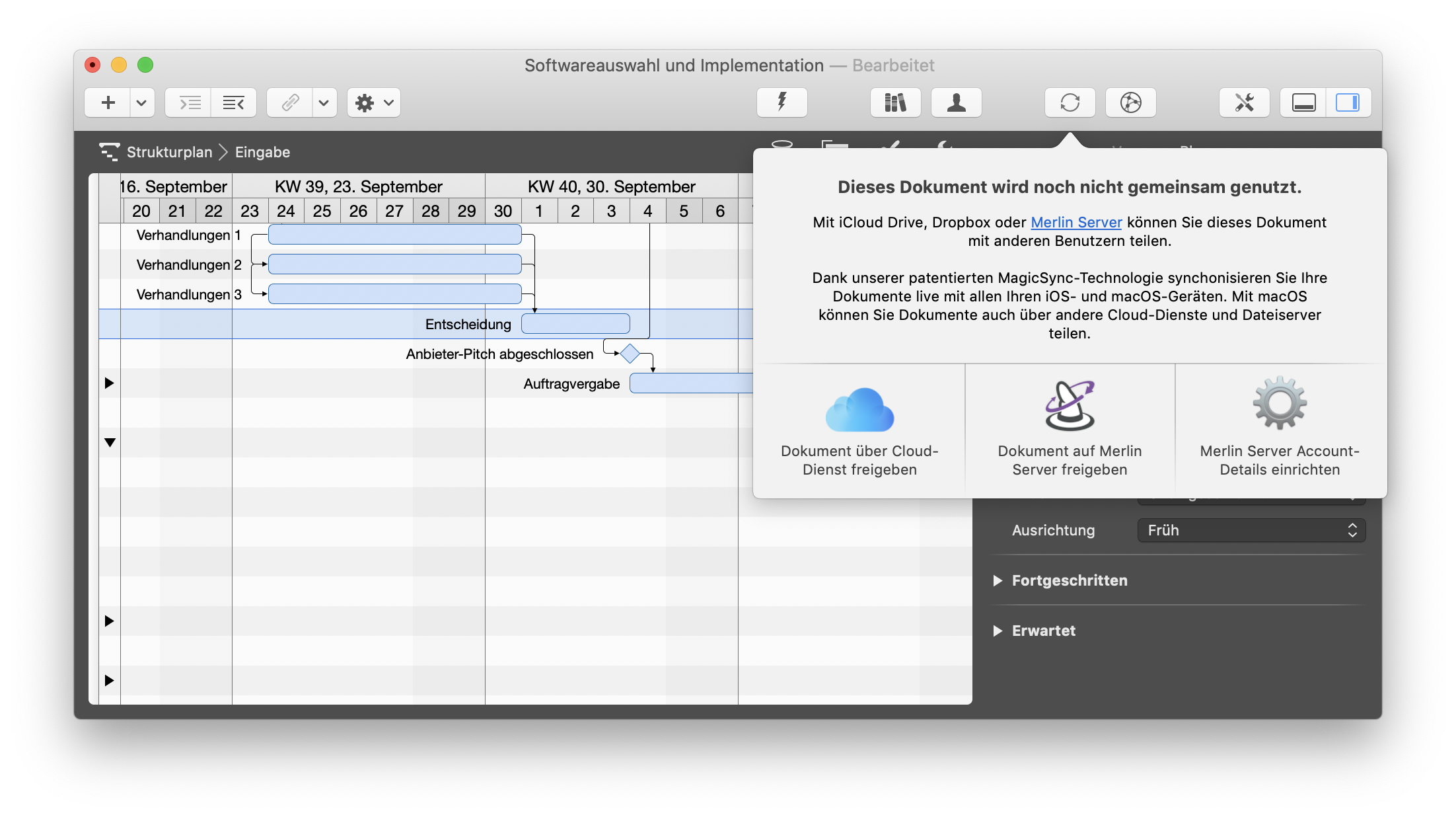 Neu gestaltetes Synchronisierungspanel in Merlin Project Neu gestaltetes Synchronisierungspanel in Merlin Project