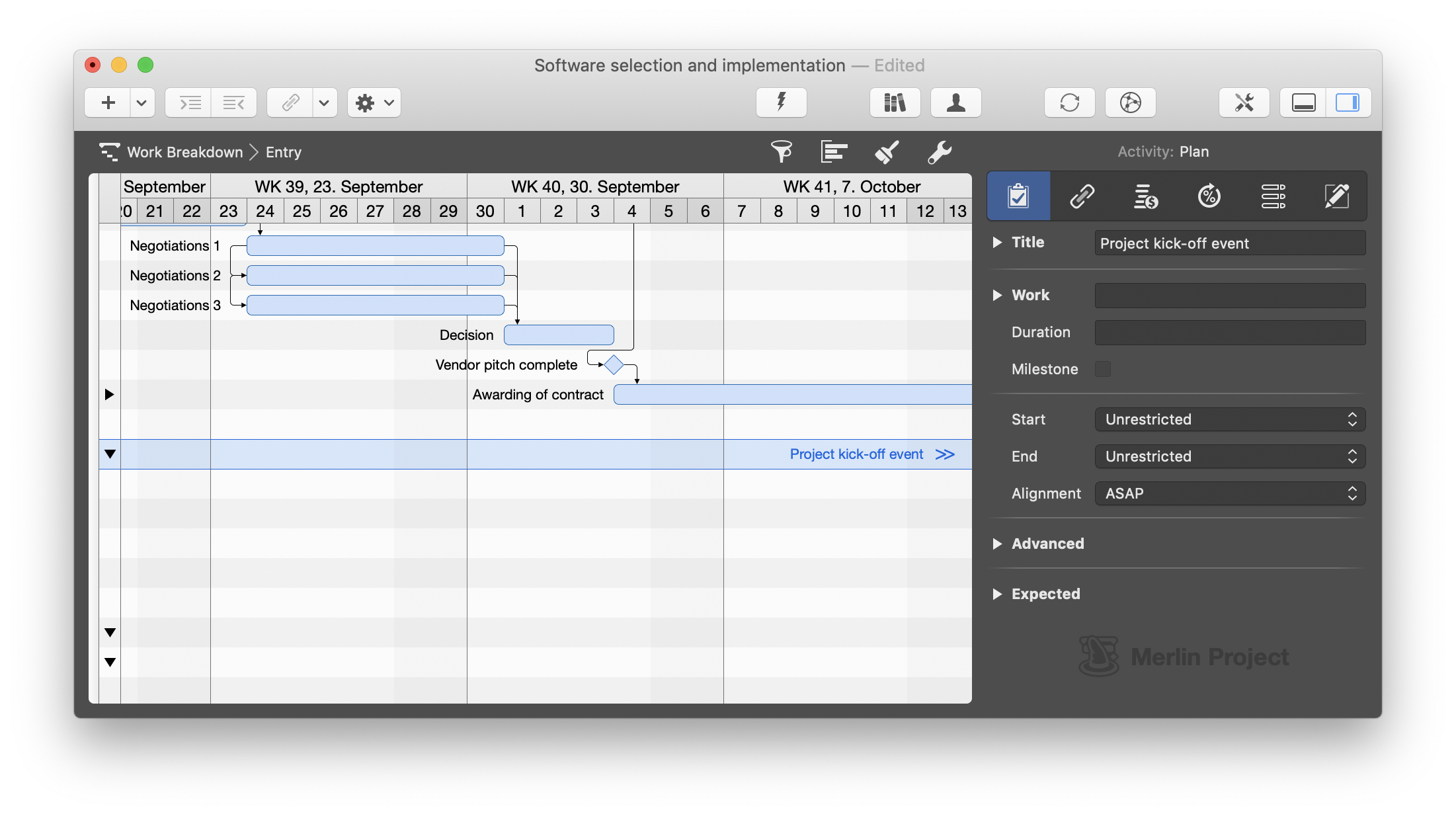 Triángulos de expansión de filas en el diagrama de Gantt de Merlin Project con la estructura oculta