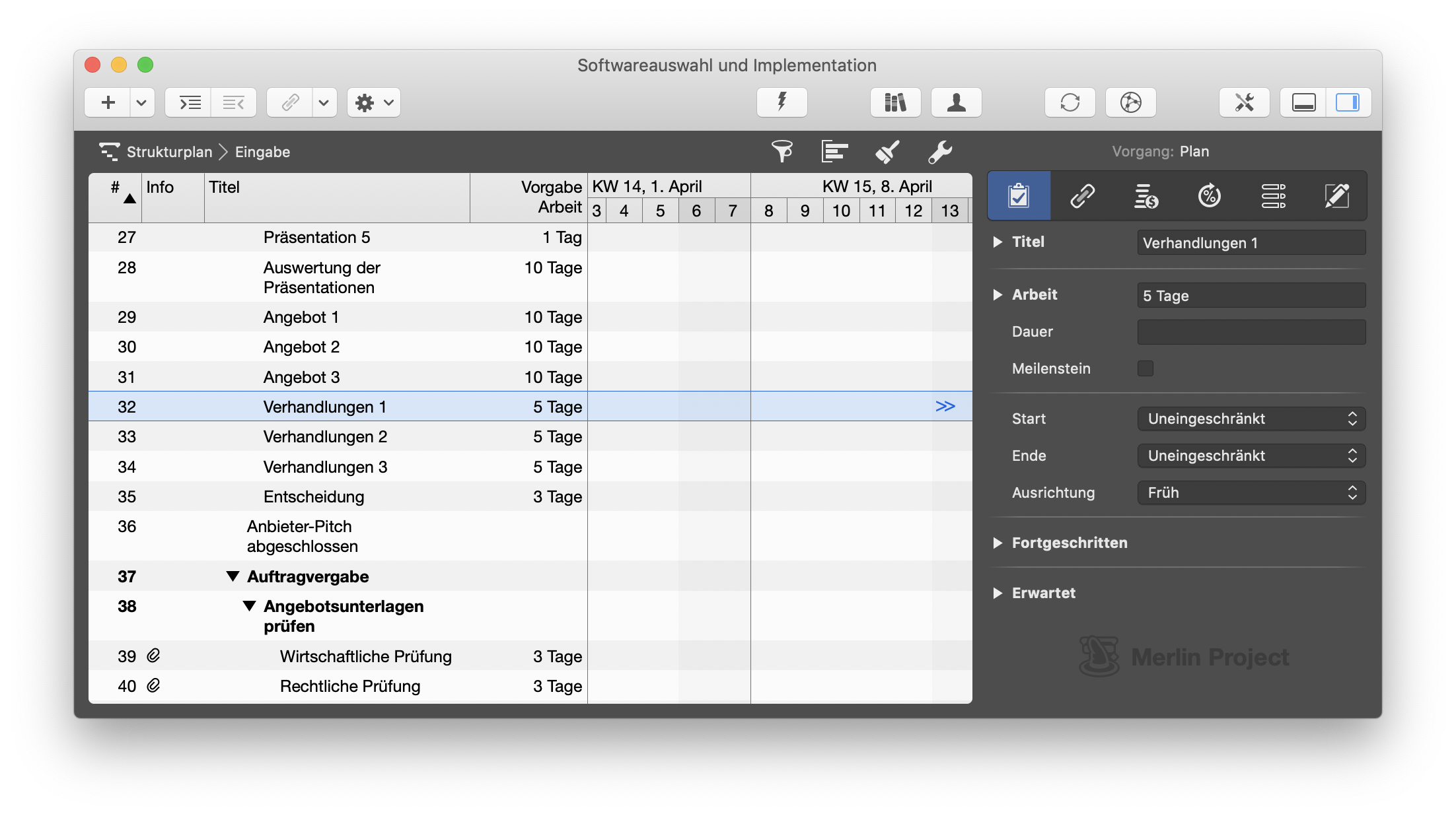 Doppelpfeilsymbol im Gantt-Chart von Merlin Project, um zu Balken zu springen