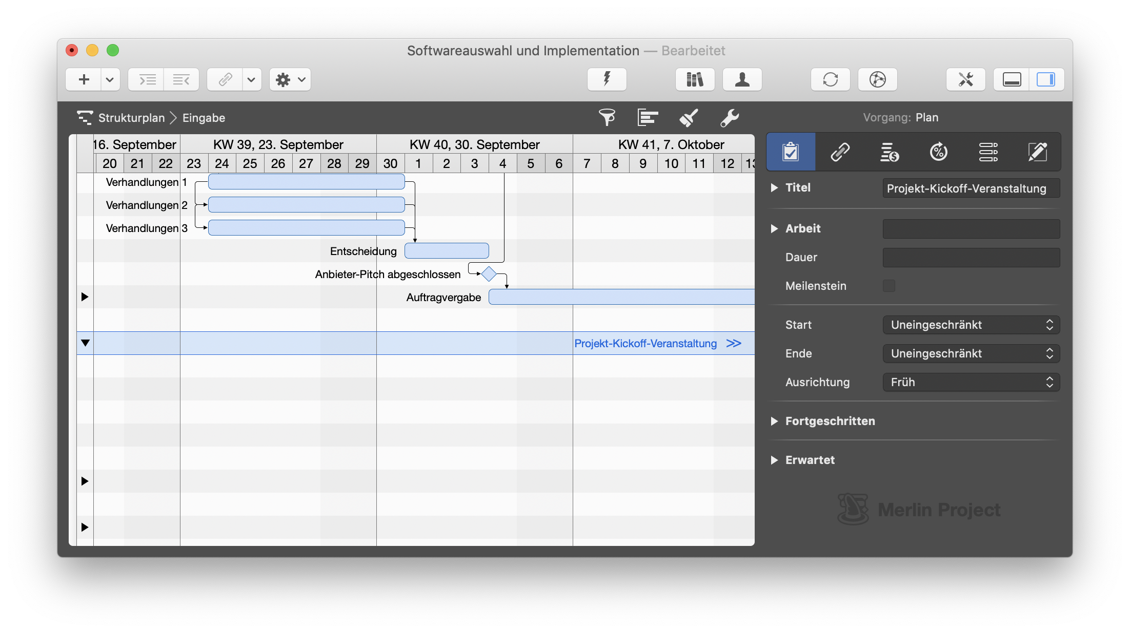 Zeilen-Aufklappdreiecke im Gantt-Chart von Merlin Project bei ausgeblendeter Gliederung