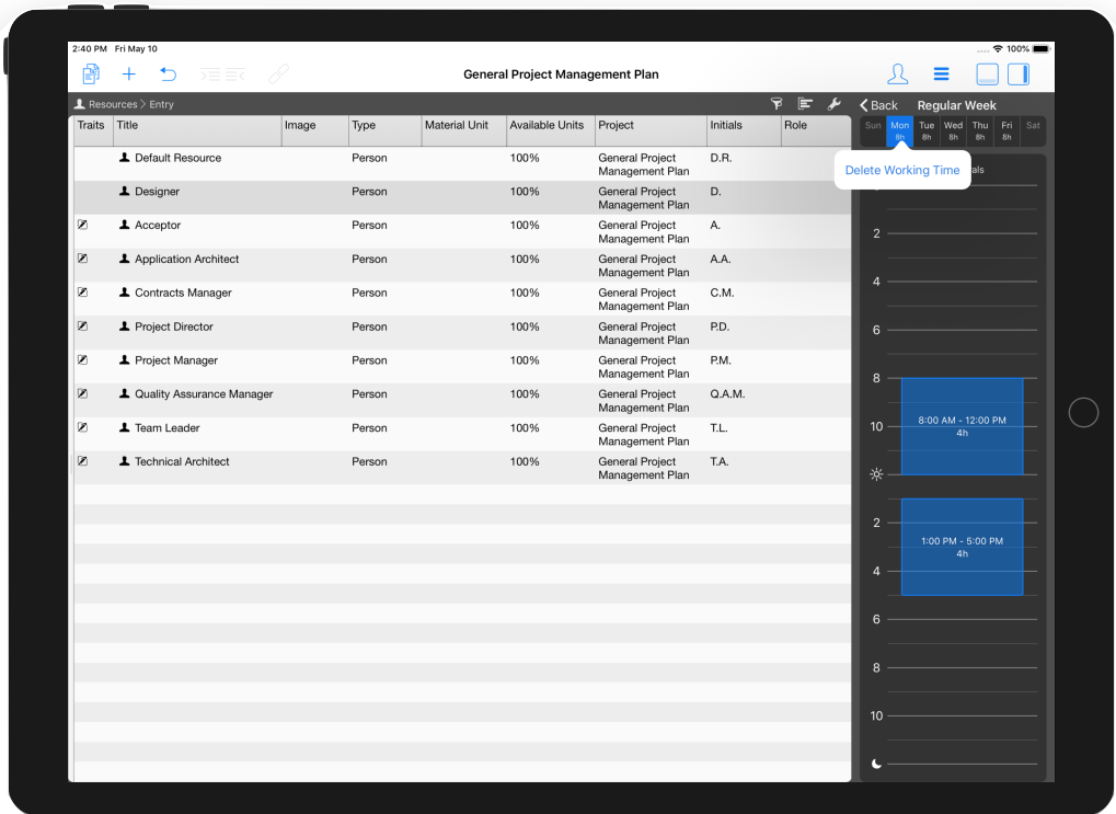 Eliminar tiempos de trabajo en un calendario de recursos en Merlin Project, software profesional de gestión de proyectos en iPad Eliminar tiempos de trabajo en un calendario de recursos en Merlin Project, software profesional de gestión de proyectos en iPad